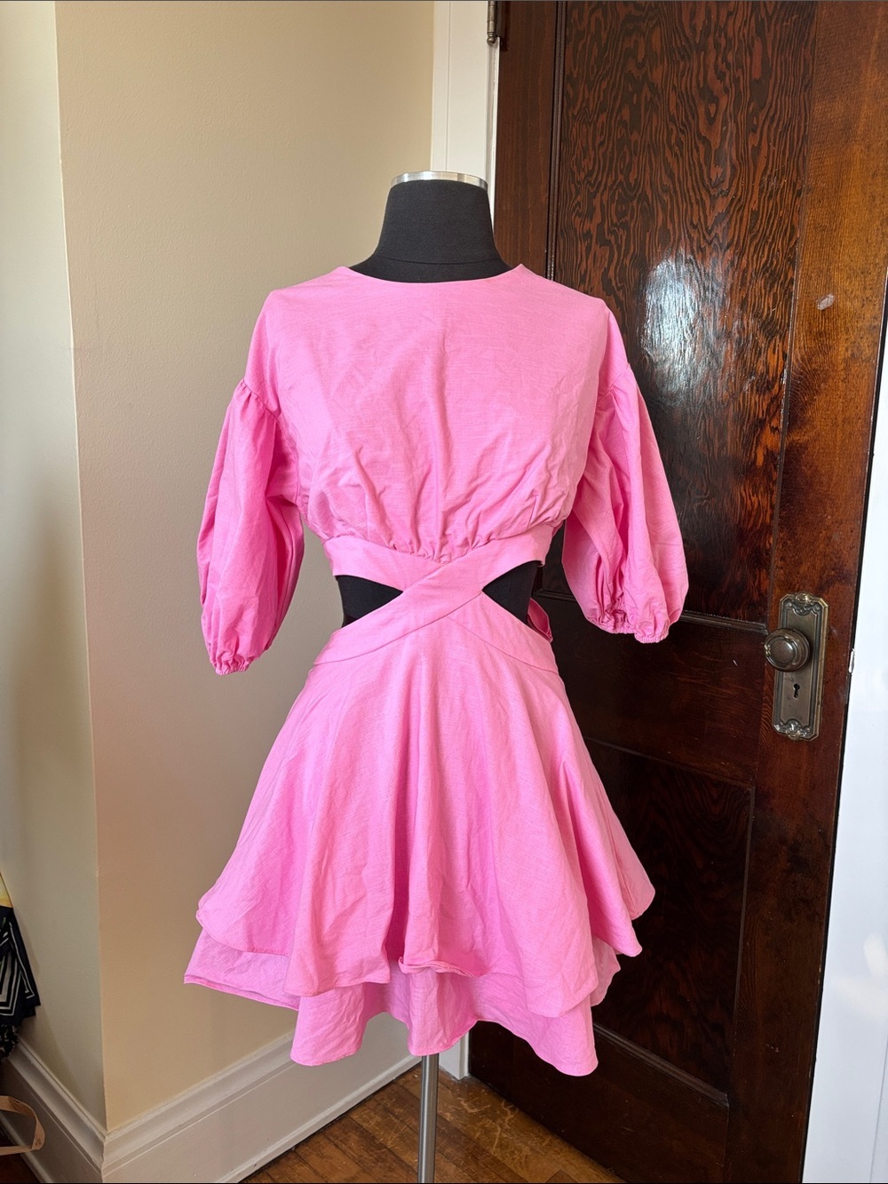 Hello Molly Linen Cotton Pink Cutout Tiered Skirt Puff Sleeve Mini Dress